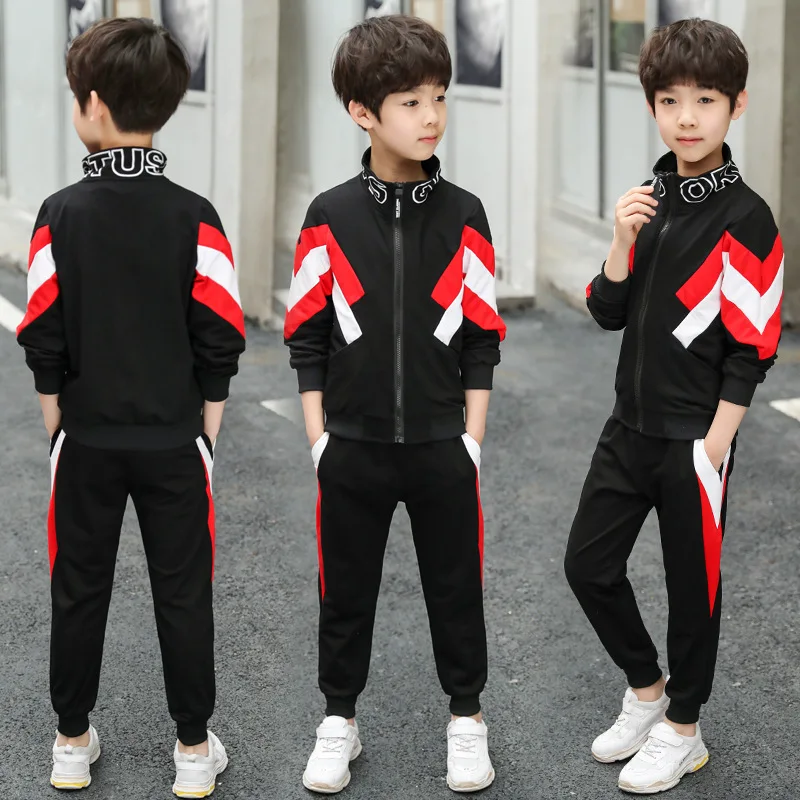 Children Clothing Sports Suit for Boys and Girls Hooded Outwears Long Sleeve Boys Clothing 3PC/Set Casual Tracksuit - Color: Black