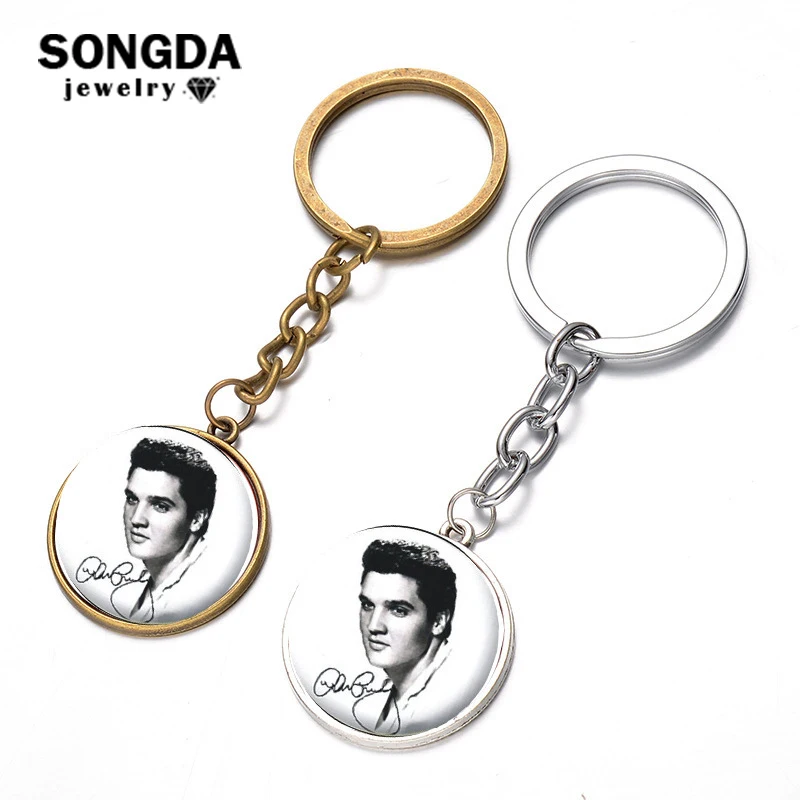 

SONGDA Nostalgic Rock Star Elvis Presley Key Chain Silver/Bronze Classic Poster Pendant Keychain Sleutelhanger Charm Men Jewelry