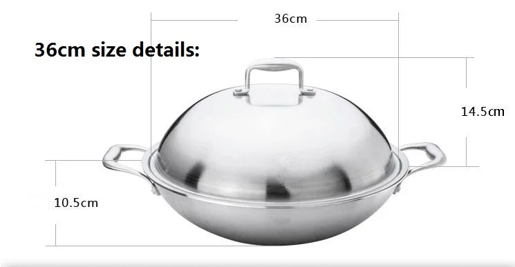 5ply Material Kitchen Wok Stainless Steel compound 32/36cm 304# Inox big wok No-coating