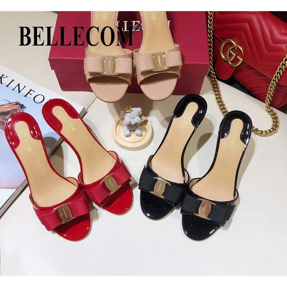 

BELLECOM 2019 Summer New Slippers with Fine-heeled Lacquer Leather and High-heeled Sandals for Women Wearing Slippers