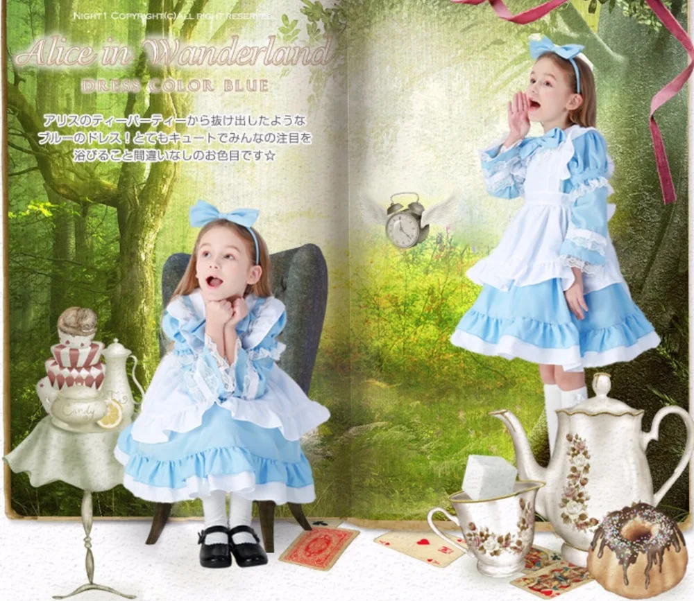 Вечерние платья Алисы в стране чудес на Хэллоуин для маленьких девочек; костюм горничной для девочек; Детский карнавальный костюм Лолиты; цвет розовый, синий