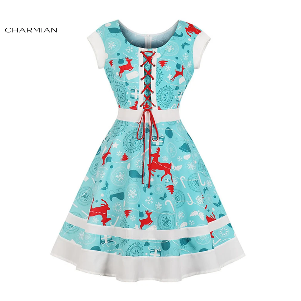 

Charmian Women's Fashion Round Neck Christmas Reindeer Print Lacing-up Short Sleeves High Waist Swing Dress