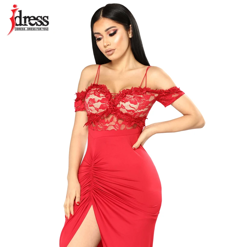 IDress Black Red Spaghetti Straps Evening Party Bodycon Long Dresses High Split Off Shoulder Lace Dress Summer Women Dresses (4)