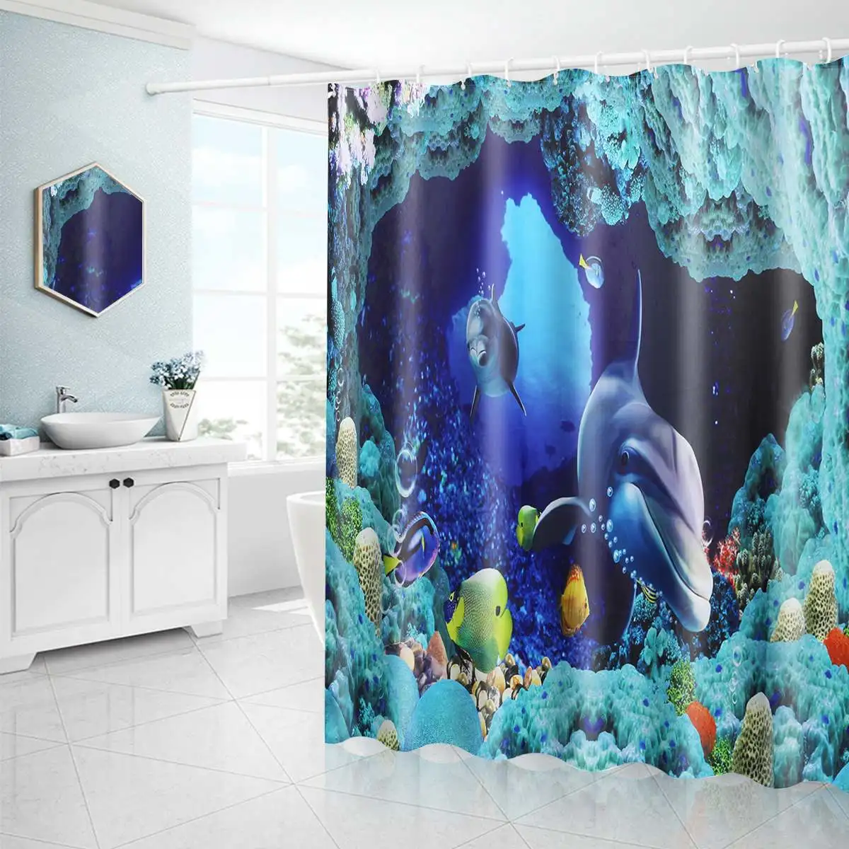 4PCS 180x180cm Waterproof Underwater World Dolphin Shower Curtain Floor Mat With 12 Hooks For Home Bathroom Tub Bathtub Decor