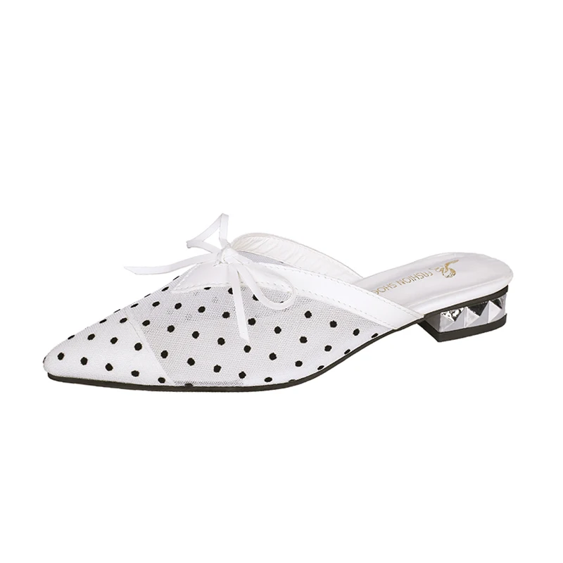 

Summer 2019 Women Mules Shoes Bow Knot Cover Pointed Toe Low Heels Slides Female Sandals Slippers Dot Air Mesh Sexy Women Shoes