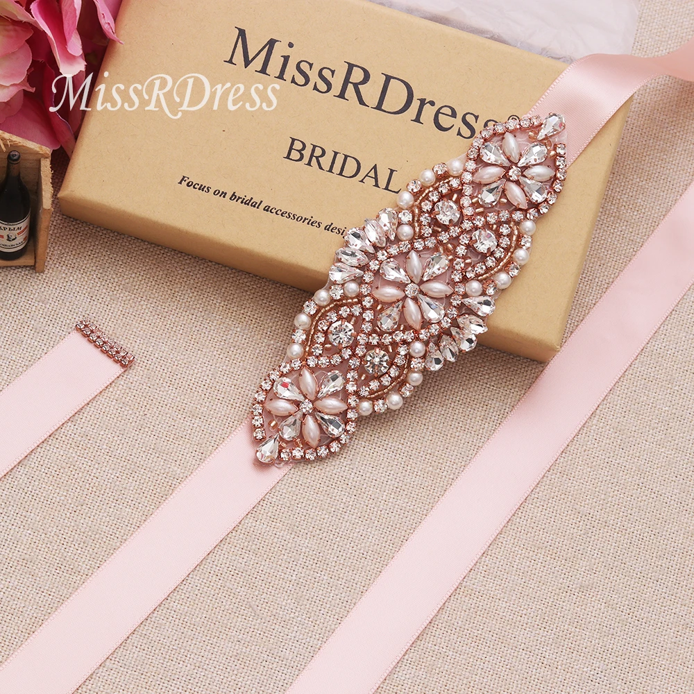 MissRDress пояс для свадьбы с жемчугом Лента Свадебная со стразами розовое золото