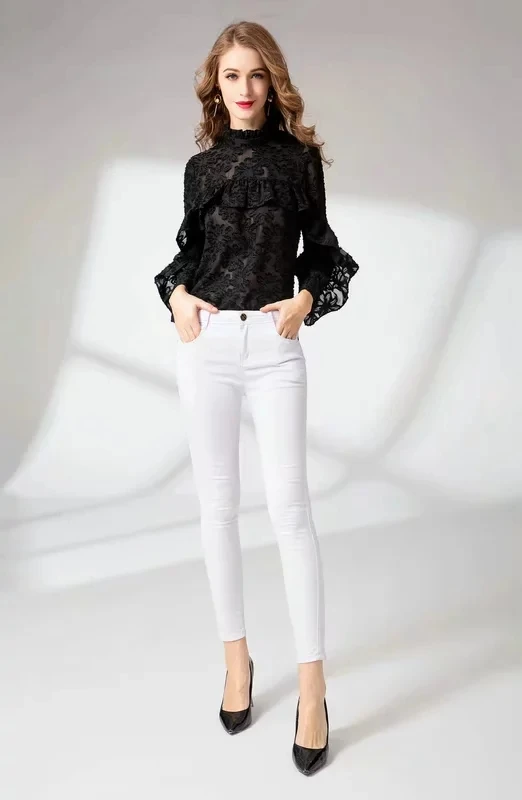 Высококачественная черная блузка, весна-лето, модные топы, рубашка для женщин, воротник-стойка, вырезы, цветочный узор, винтажная блузка, рубашки