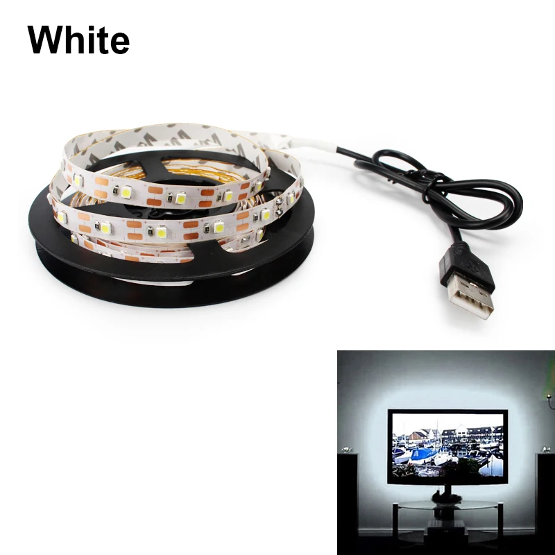 USB Светодиодные ленты ТВ Подсветка лента светодиодный гибкий Диодная лента SMD3528 DC 5V Светодиодный светильник ленте 50 см 1 м 2 м 3 м 4 м 5 м RGB светодиодный полосы для ПК - Испускаемый цвет: White