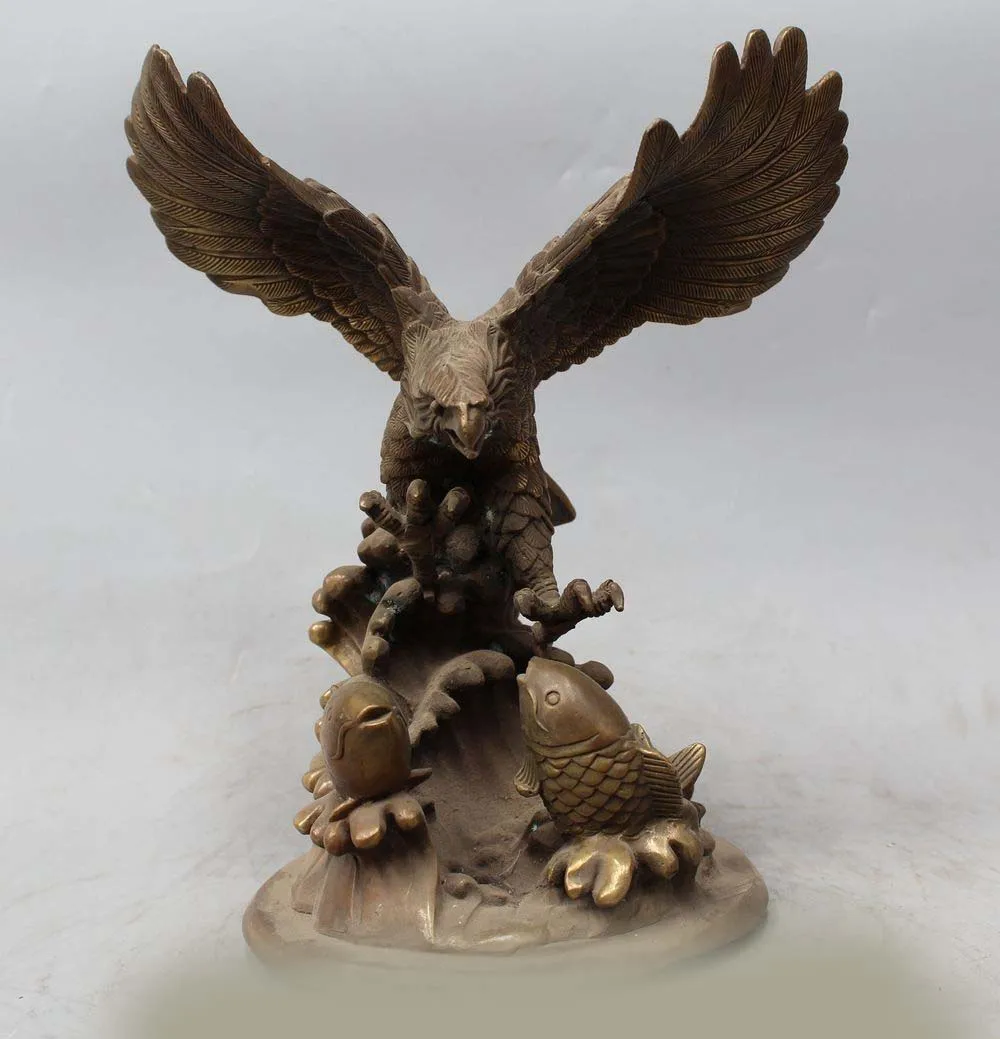 

DS 11" China Chinese Folk Feng Shui Brass Hawk Eagle King of birds predation carp