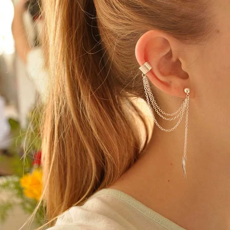Fatpig 2019 New Fashion Rock Punk Stylish Cool Jewellery Leaf Chain Link Tassel Dangle Ear Clip Stud Cuff Wrap Earring | Украшения и
