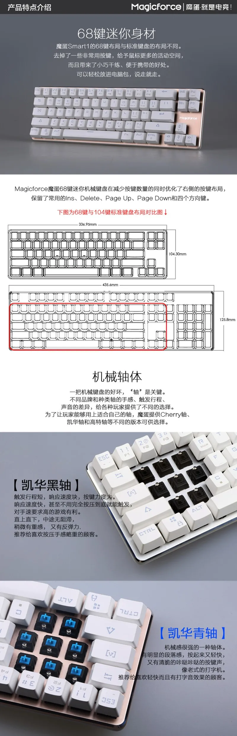 Magicforce Smart 68 клавиш с подсветкой антипривидение USB Механическая игровая клавиатура алюминиевый сплав Kailh MX Синий/Черный переключатели Двойной PCB