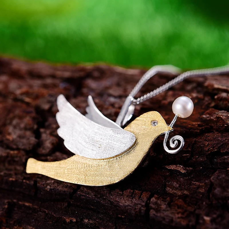 Lotus Fun Real 925 Sterling Silver Handmade Fine Jewelry Creative Flying Pigeon with Fruits Pendant without Necklace for Women