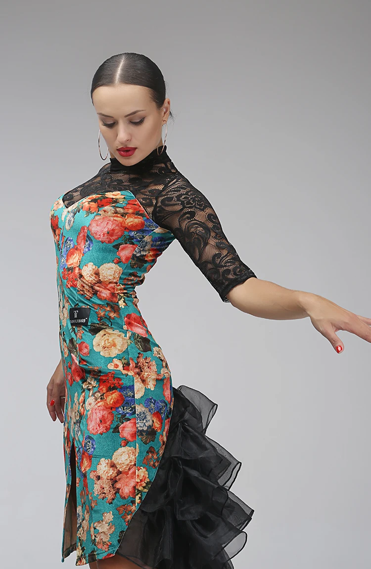 Women Latin Tango Rumba Dance Ballroom Dance Dress Floral Lace Fishtail Skirt 
