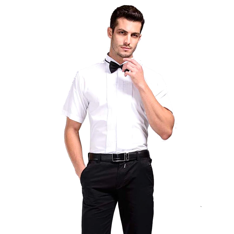 Shenrun Men White Short Sleeve Shirts Male High Quality Formal Shirt Wing Collar Wedding Groom Business Party Prom Size 38-46