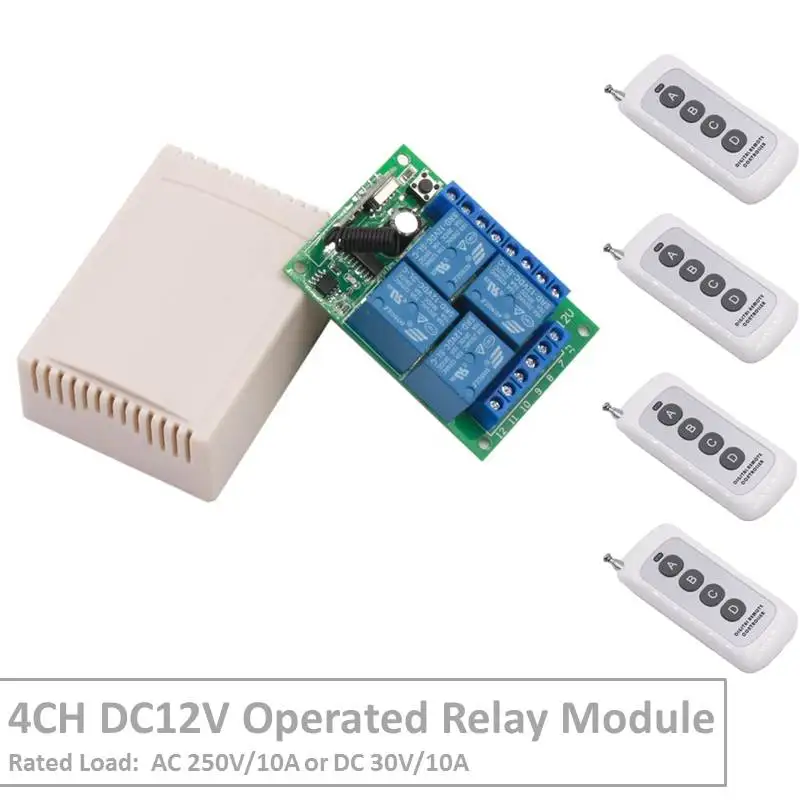 

4 Channel 433Mhz DC12V Operated RF Relay Switch With Relay Receiver&Transmitter Remote Control Curtan&LED Light For Smart Home