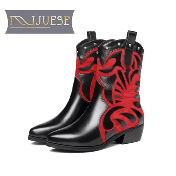 

MLJUESE 2019 women ankle boots Cow leather Totem winter short plush boots square heel high heels women boots size 33-43