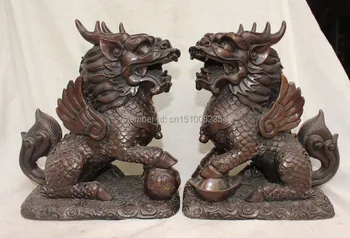 

11" Chinese Bronze Guardian Phylactery Flying Kylin Beast Unicorn Chi-lin Pair