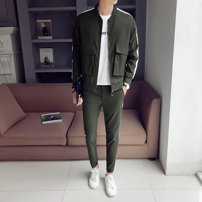 

2 Pcs Men Sportwear Top Pants Sweatshirt green Tracksuit Man Korean Slim Casual Active Baseball Sportwear Set Outwear