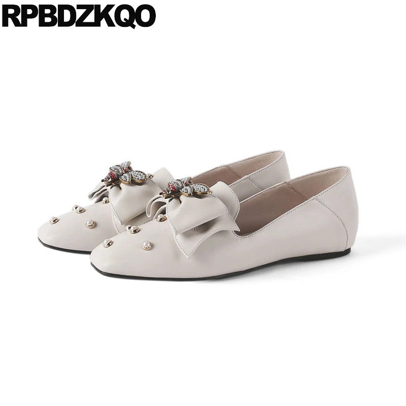 Bee Genuine Leather Mules Loafers Pearl White Slippers Square Toe Large Size Designer Shoes Women Luxury 2018 Flats Big Bow Bee Genuine Leather Mules Loafers Pearl White Slippers Square Toe Large Size Designer Shoes Women Luxury 2018 Flats Big Bow