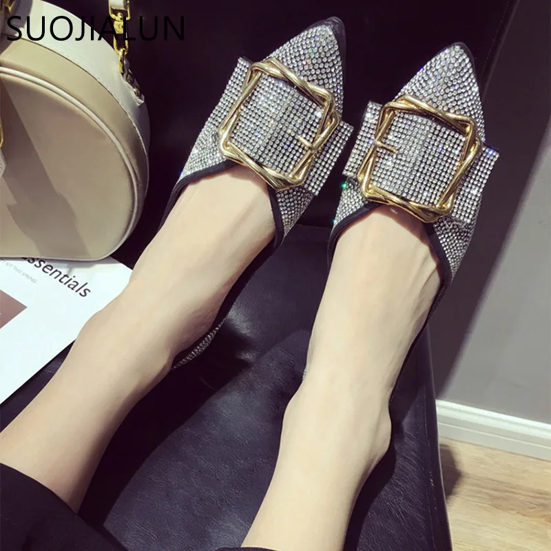 Cristal Chaussures Bout Mode rouge Suojialun Pointu Glissement Noir Sur Marque 2018 argent Ballet Dames Femmes Plat Appartements Casual De PCtCgHwxq