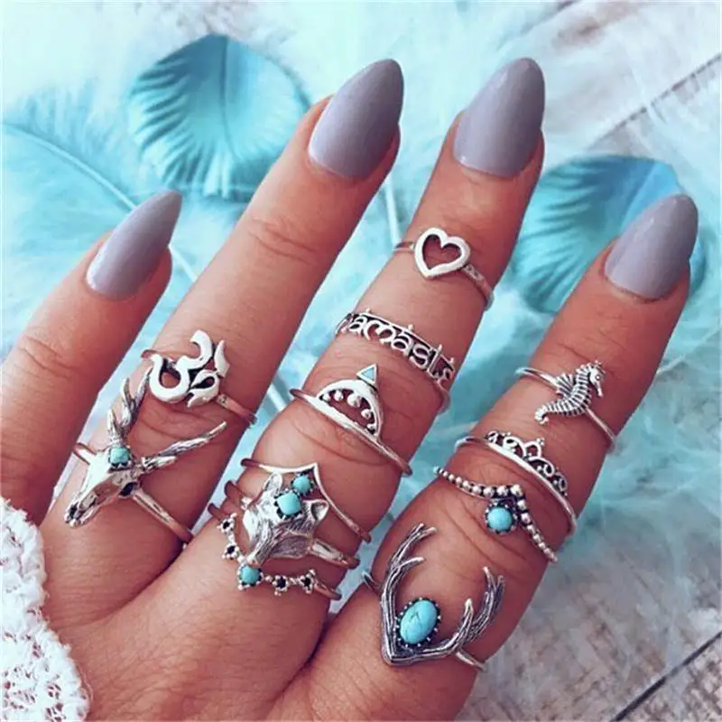 12 Pcs/Set Creative Silver Color Om Hollow Heart Letter Crown Deer Crystal Geometry Rings Halloween Jewelry Women Ring Set | Украшения и