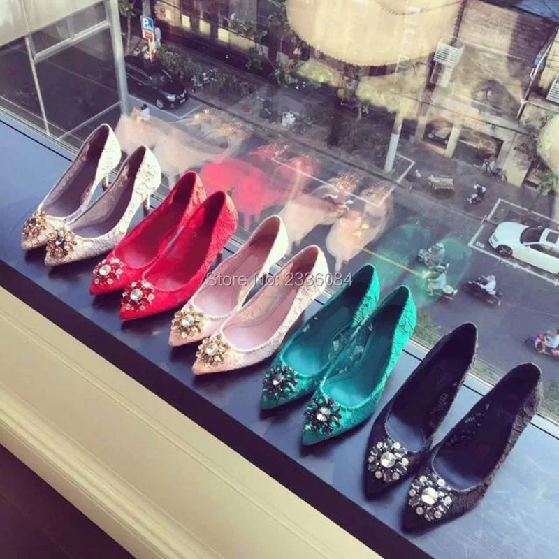 

2018 Spring New Elegant Lace Pointed Toe Diamond Ladies Pumps High Heels Women Shoes Bridal Party Wedding Shoes Zapatos Tacones