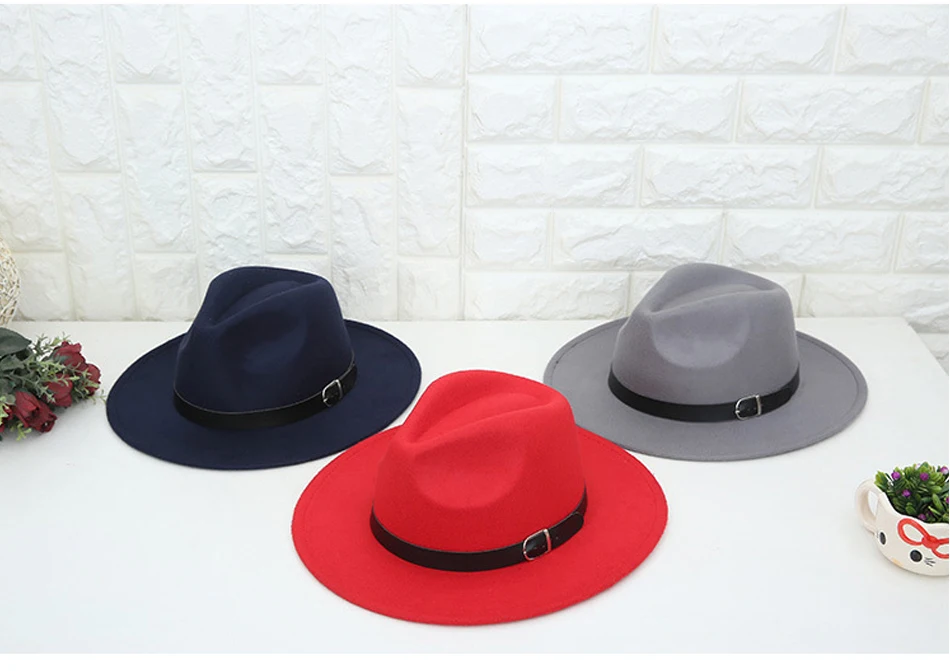 Ladyбро Имитация шерсти Кепка женская шляпа-федора для мужчин широкая шляпа осень зима Sombreros джаз шляпа мужской ремень Панама шляпа женская
