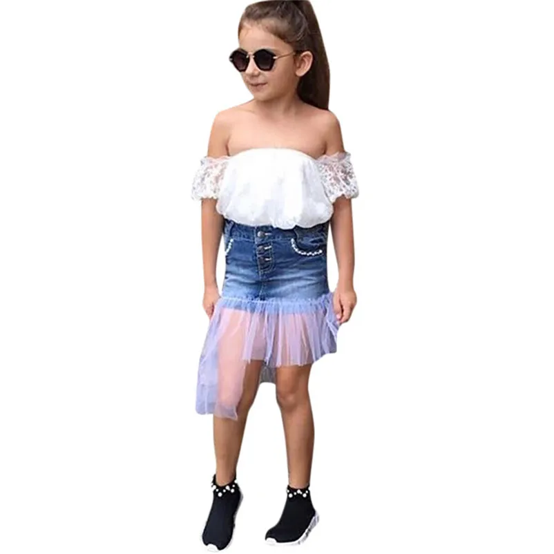 Toddler Kids Baby Girl Lace Off Shoulder Tops + Shorts Jean Pants