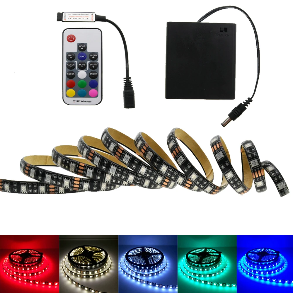 

Battery LED Strip 5050 RGB 5V Black PCB Tape Lighting DIY Home Decorative Lamp With Battery Box + 17Key RF Controller