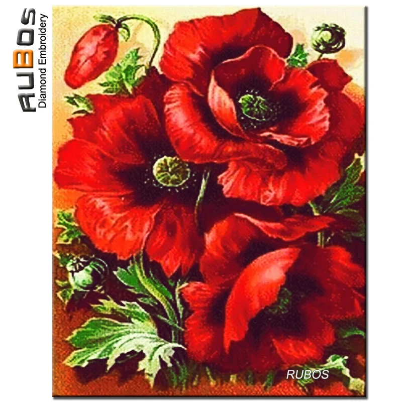 

RUBOS three red poppy flowers 5d diy diamond painting Diamond embroidery mosaic pattern Embroidered with rhinestones home decor