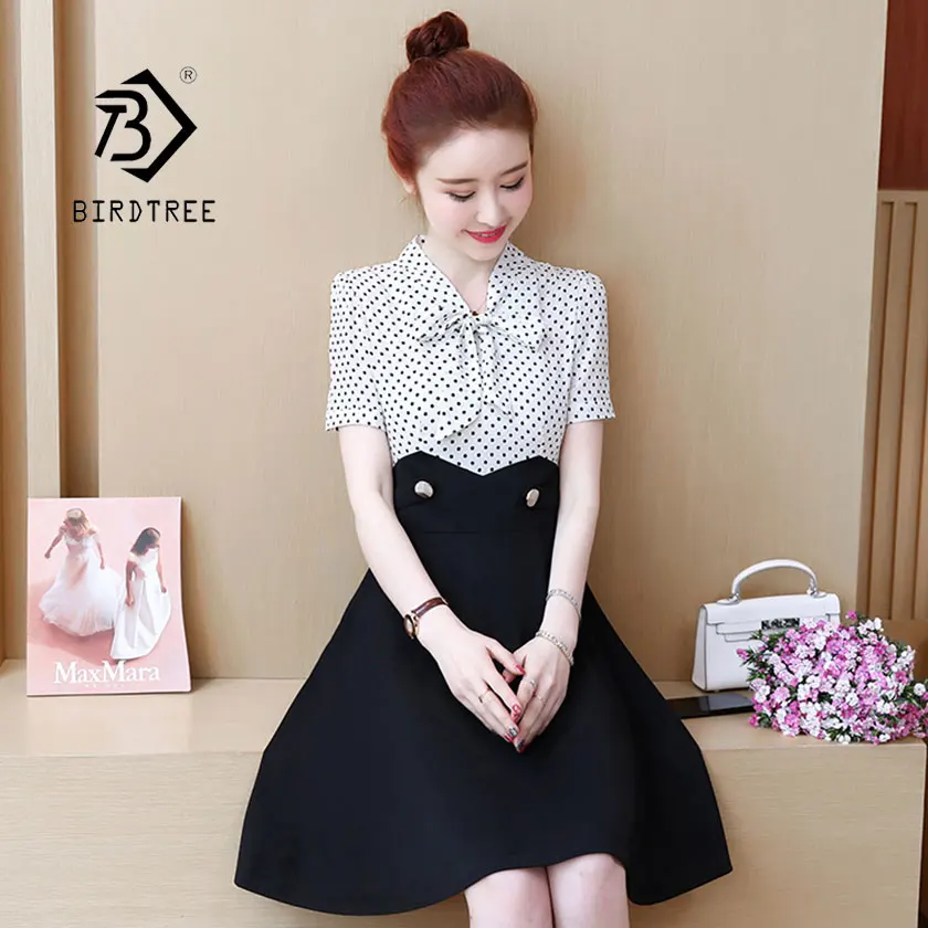 2019 New Women's Plus Size L-5XL Bow Dot Dress V Neck Knee Length High Waist Vestido Lady Feminine Casual Hot Sales D95302Z | Женская