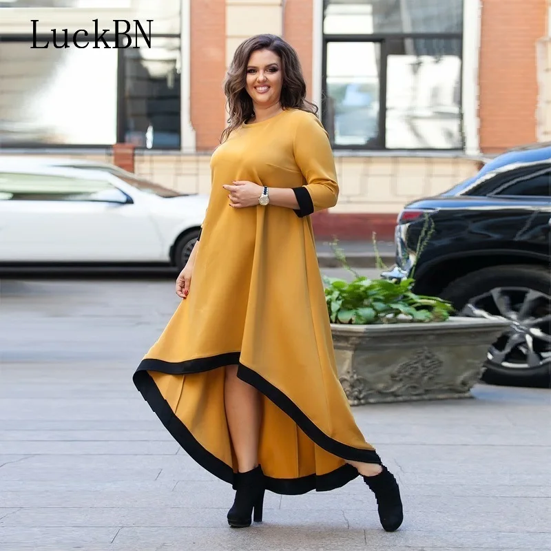 

LuckBN 6XL Big Size Maxi Dress Elegant Yellow Office Autumn Winter Dress Female Dress Plus Size Women Casual O Neck Long Dresses