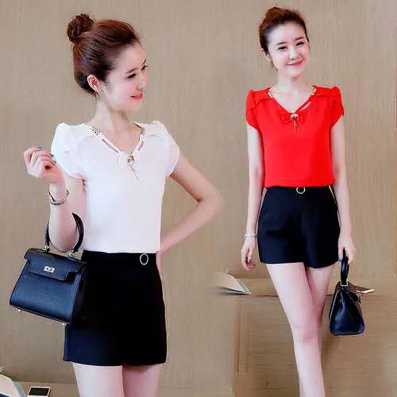 Blusa de gasa para mujer, blusa de verano de manga corta, blusas para mujer, blusas de talla grande, camiseta para mujer DF2584