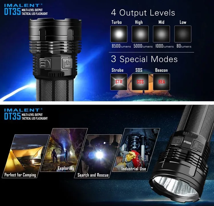 Discount IMALENT Waterproof Aluminum DT35 XHP35 HI 8500 LM 6 Modes 18650 USB Rechargeable LED Light Flashlight Torch+4x 18650 batteries 3