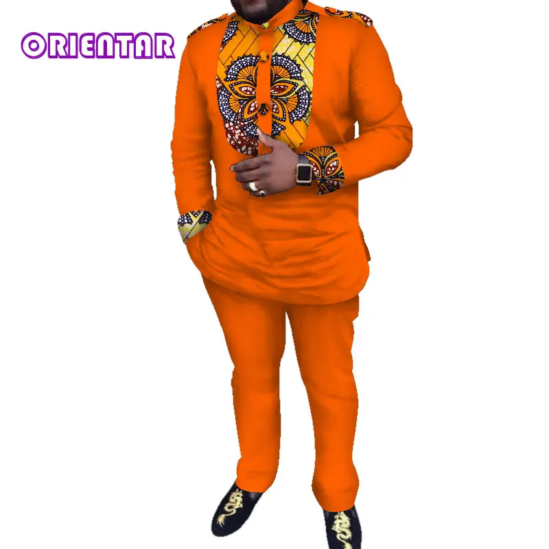 Повседневная мужская африканская одежда Африканский принт Лоскутная рубашка и брюки набор футболка с длинным рукавом Брюки мужские костюмы Дашики WYN543
