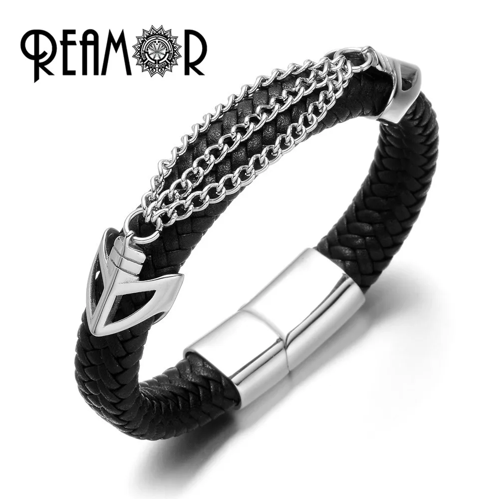 REAMOR 316L Stainless Steel Men Cuff Bracelets Bangles Genuine Braided
