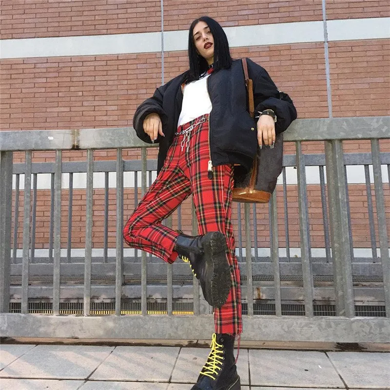 

2019 Women Summer Casual Red Plaid Straight Trousers Female Ankle length High Waist Pants Woman Loose Clothing Pants