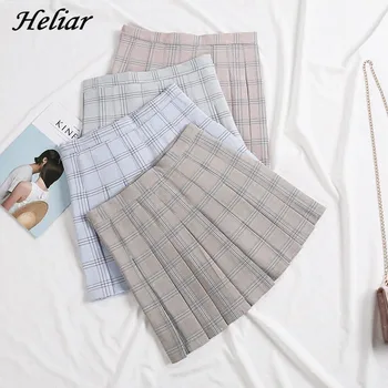 

HELIAR Skirt Plaid Pleated A-line Mini Beach Skirt Korean Skirt Students High Waist Skirt 2019 Summer Skirt For Women