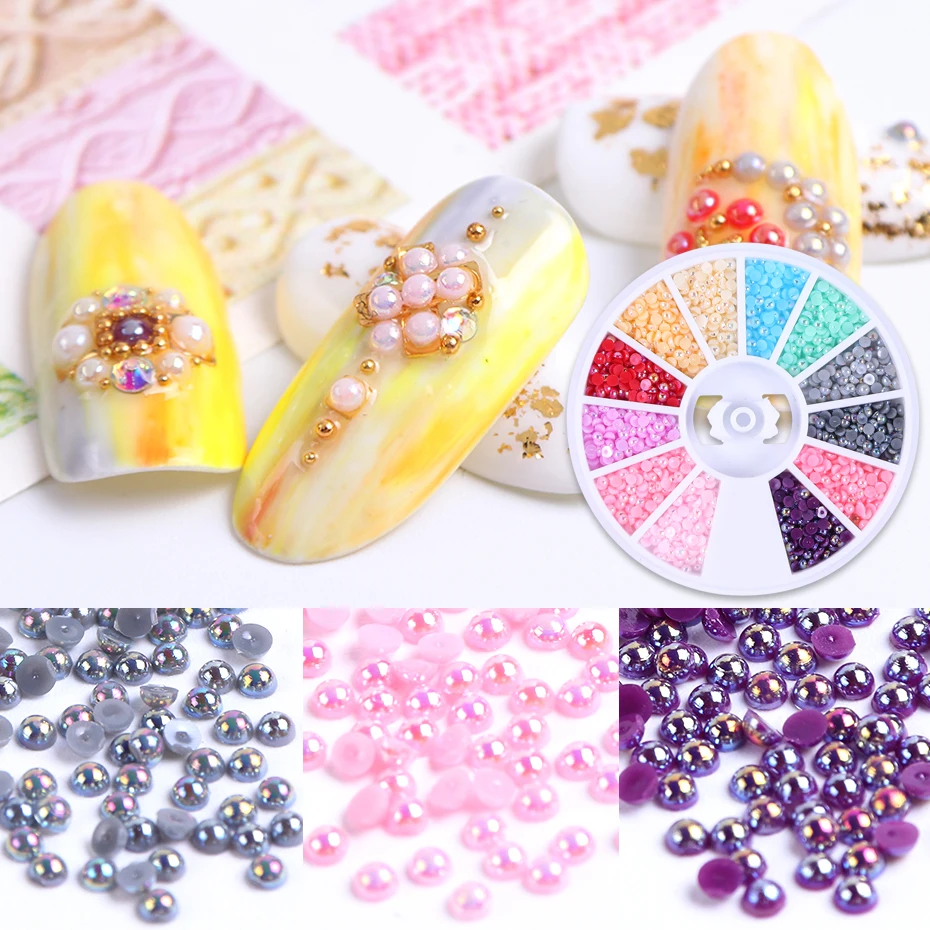 1 Wheel 2mm Colorful Pearls Rhinestones 3D Half Round Glitter Nail Art Decoration Beads Flatback Gems Jewelry DIY Manicure LA969 (2)