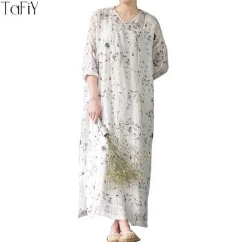 

TaFiY Vestidos 2017 Women's Summer Dress V-neck Buttons Plus Size Casual Vintage Dried Flowers Print 100% Ramie Long Maxi Dress
