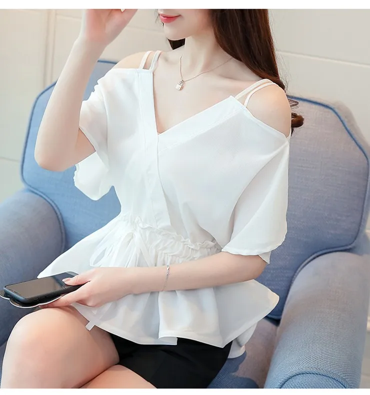 2018 Women Tops Summer Sexy Off Shoulder Blouse Ladies V-neck Short Sleeve Peplum Tops White Shirt Femme Chiffon Blusas Mujer  (6)