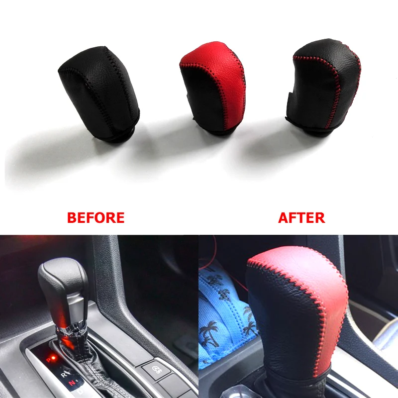 Car Leather Hand Sewing Gear Shift Knob Cover Shifter Collar Handbrake Grips Trim DIY Handmade