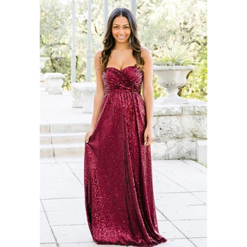 

Elegant Long Bridesmaid Dresses 2019 Strapless A Line Floor Length Burgundy Sequin Wedding Party Gowns Cheap Women Dress