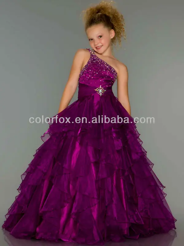 Purple Beaded One Shoulder Jeweled Brooch Full Ruffled Glitter Kids