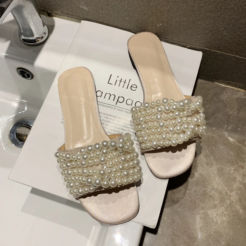

Summer Pearl Women Slides Outside Flat Slippers Women Beach Style String Beads Summer Shoes Women Slides Elegant 2019