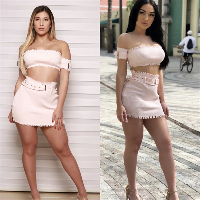 

2018 Summer Women 2 Piece Skirt And Top Short Sleeve Off Shoulder Crop Top Two Piece Sets Ribbed Mini Skirt Sexy Party Clubwear