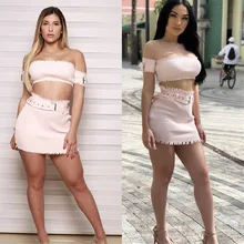 2018 Summer Women 2 Piece Skirt And Top Short Sleeve Off Shoulder Crop Top Two Piece Sets Ribbed Mini Skirt Sexy Party Clubwear pearl detail layered bell sleeve ribbed top