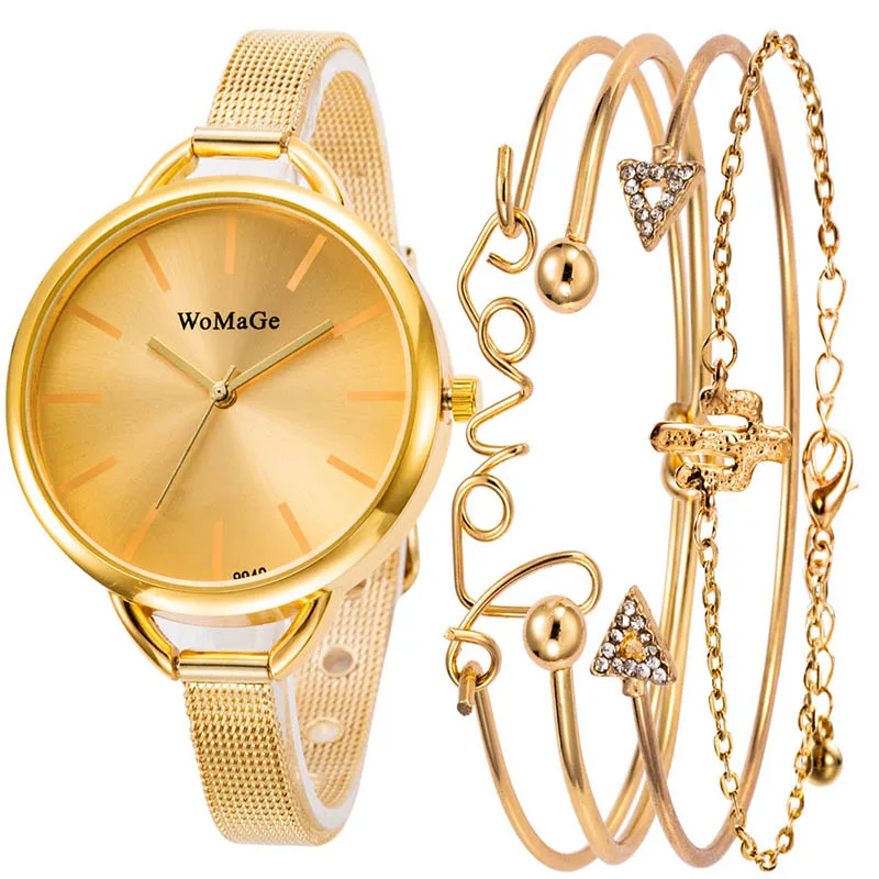 5 шт. в наборе, распродажа, женские наручные часы с большим циферблатом, Модные Роскошные Кварцевые часы с бриллиантами, женские часы - Цвет: Gold