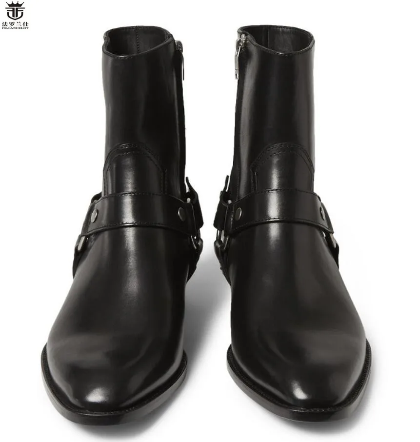 Winter European Style Chelsea Boots Pointed Toe Cow Leather Boots Men Riding Low Heel Motorcycle Boot