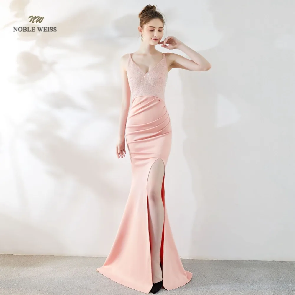 Sexy Prom Dress Satin Bare Back Split Simple Long Crystal V-neck Mermaid Party/Prom Dresses